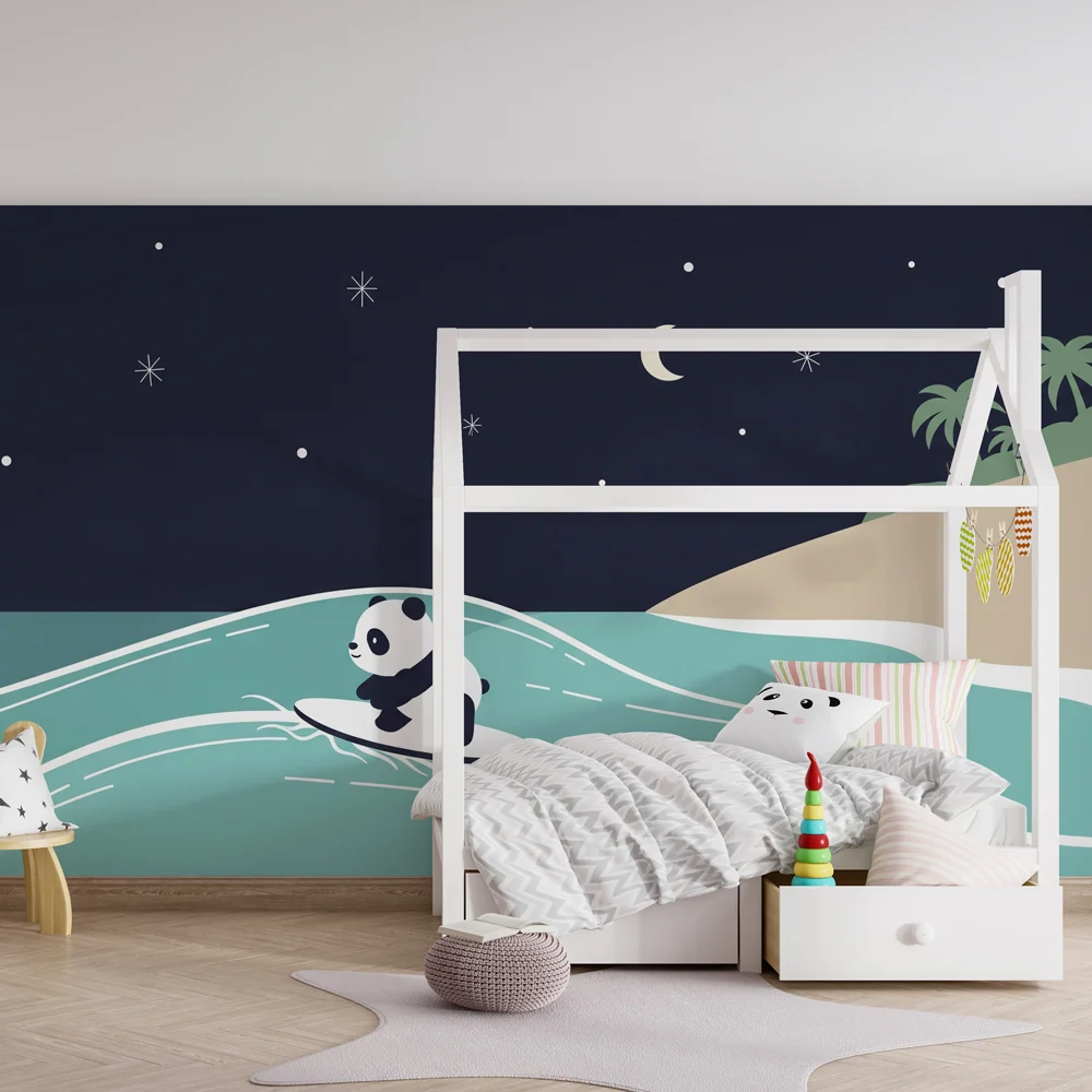 Papel de parede crianç | Panda surfând sub stele