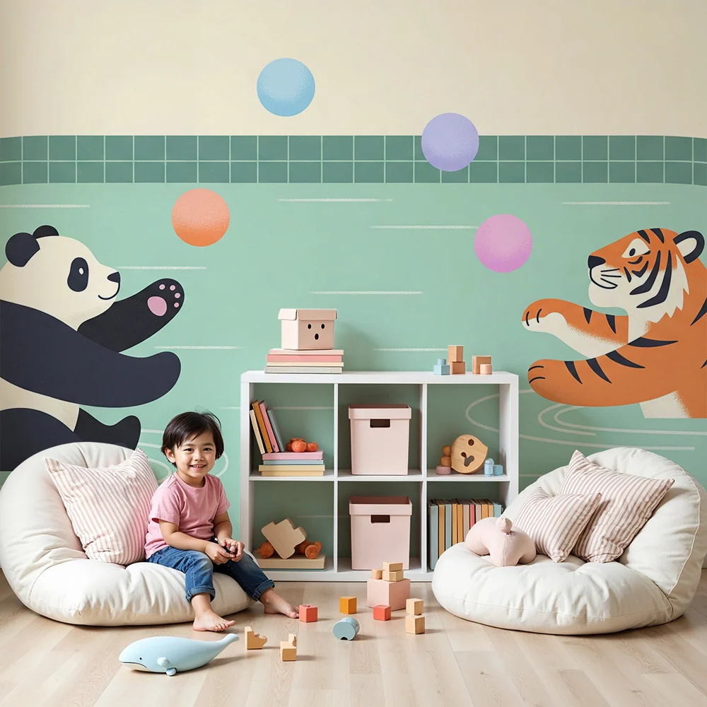Papel de parede crianç | Panda e tigre brincando na água com balões coloridos