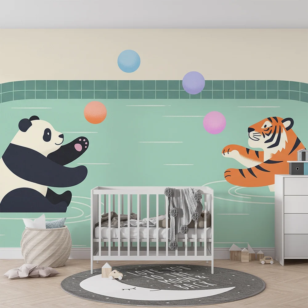 Papel de parede crianç | Panda e tigre brincando na água com balões coloridos