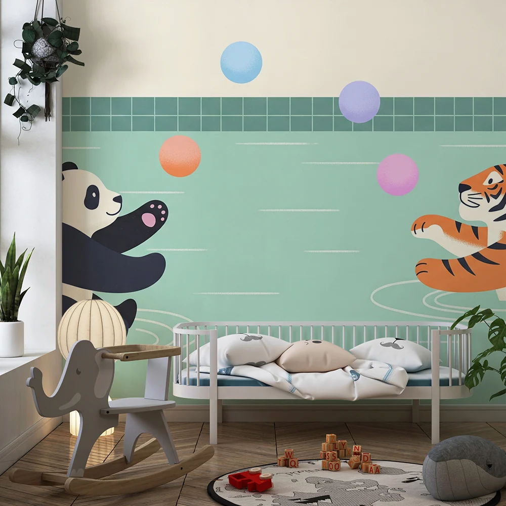 Papel de parede crianç | Panda e tigre brincando na água com balões coloridos