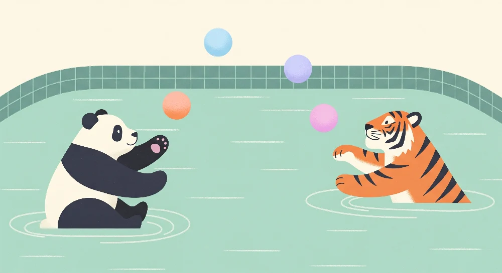 Papel de parede crianç | Panda e tigre brincando na água com balões coloridos