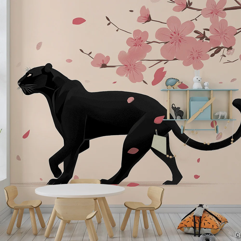Papel de parede crianç | Pantera eleganta sub florile de cires