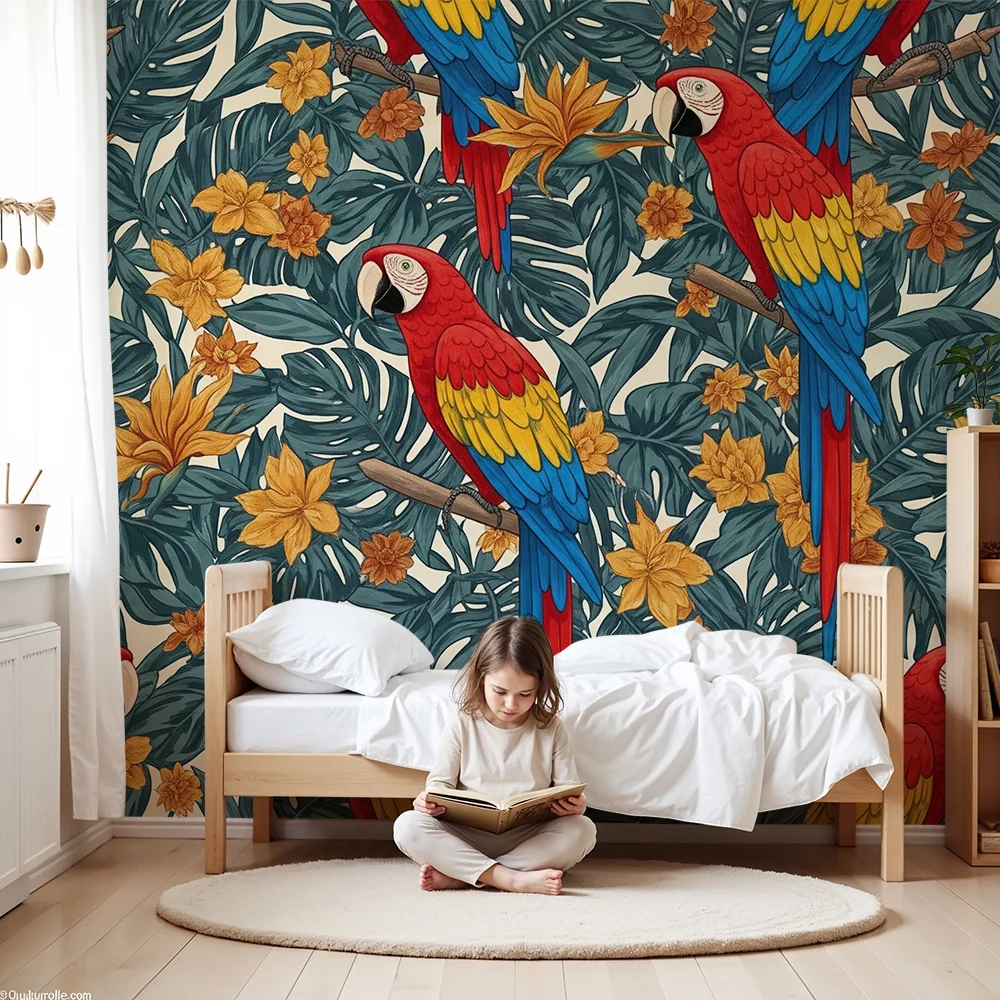 Papel de parede crianç | Papagaios coloridos no meio de uma selva floral