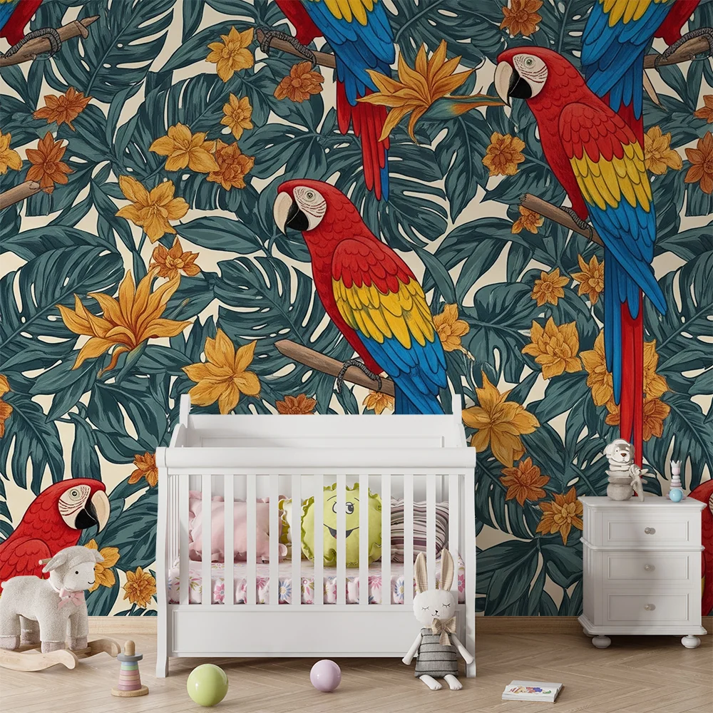 Papel de parede crianç | Papagaios coloridos no meio de uma selva floral