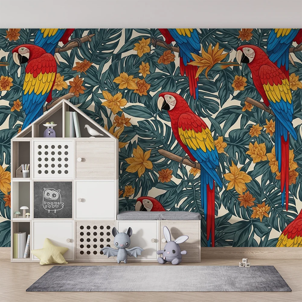 Papel de parede crianç | Papagaios coloridos no meio de uma selva floral