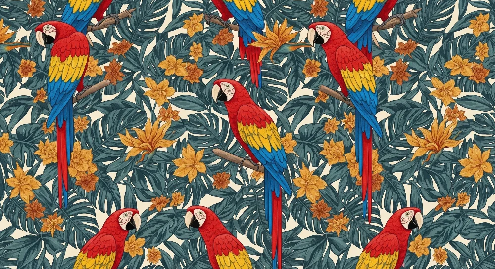 Papel de parede crianç | Papagaios coloridos no meio de uma selva floral
