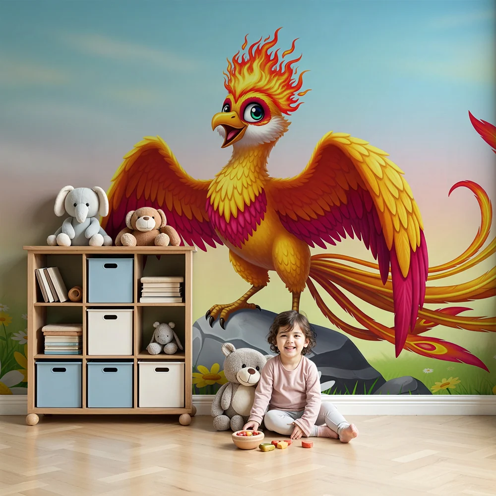 Papel de parede crianç | Pasăre fantastică cu pene flămânde într-un câmp de flori