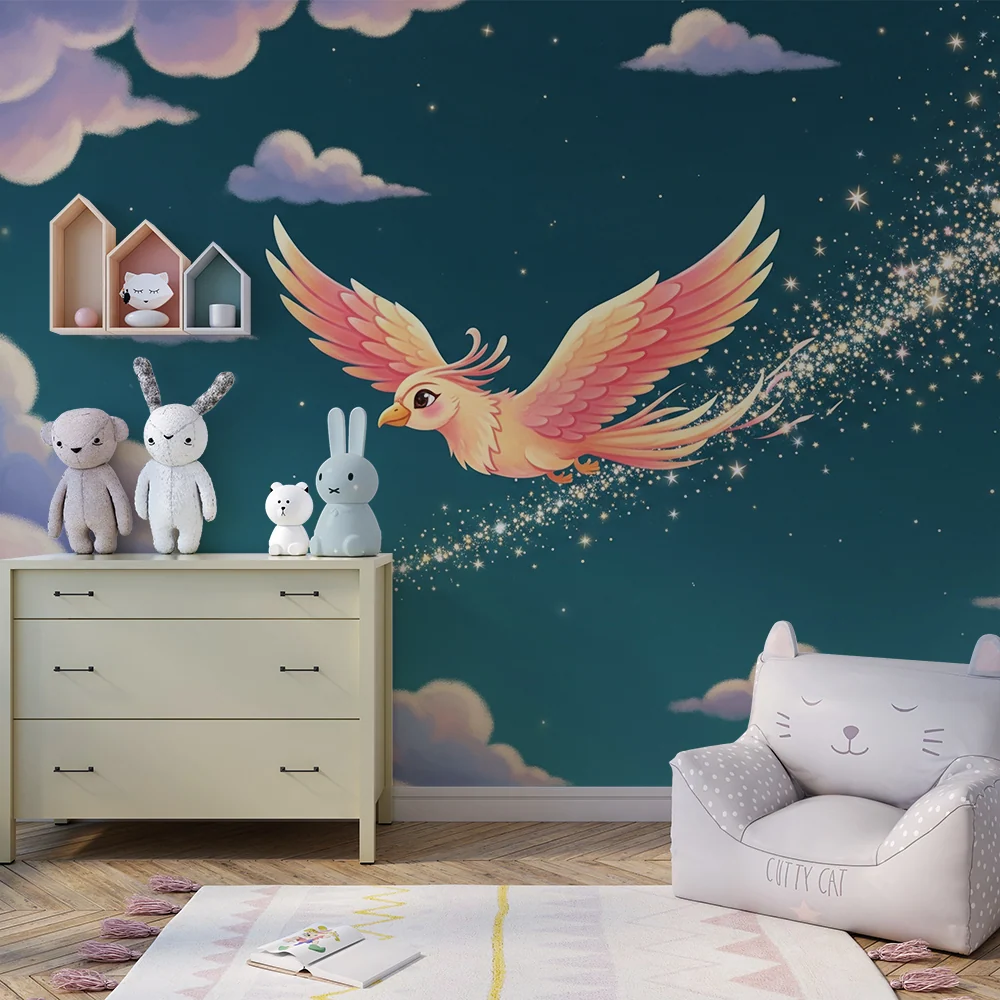 Papel de parede crianç | Pasăre magică zburătoare prin norii stelari