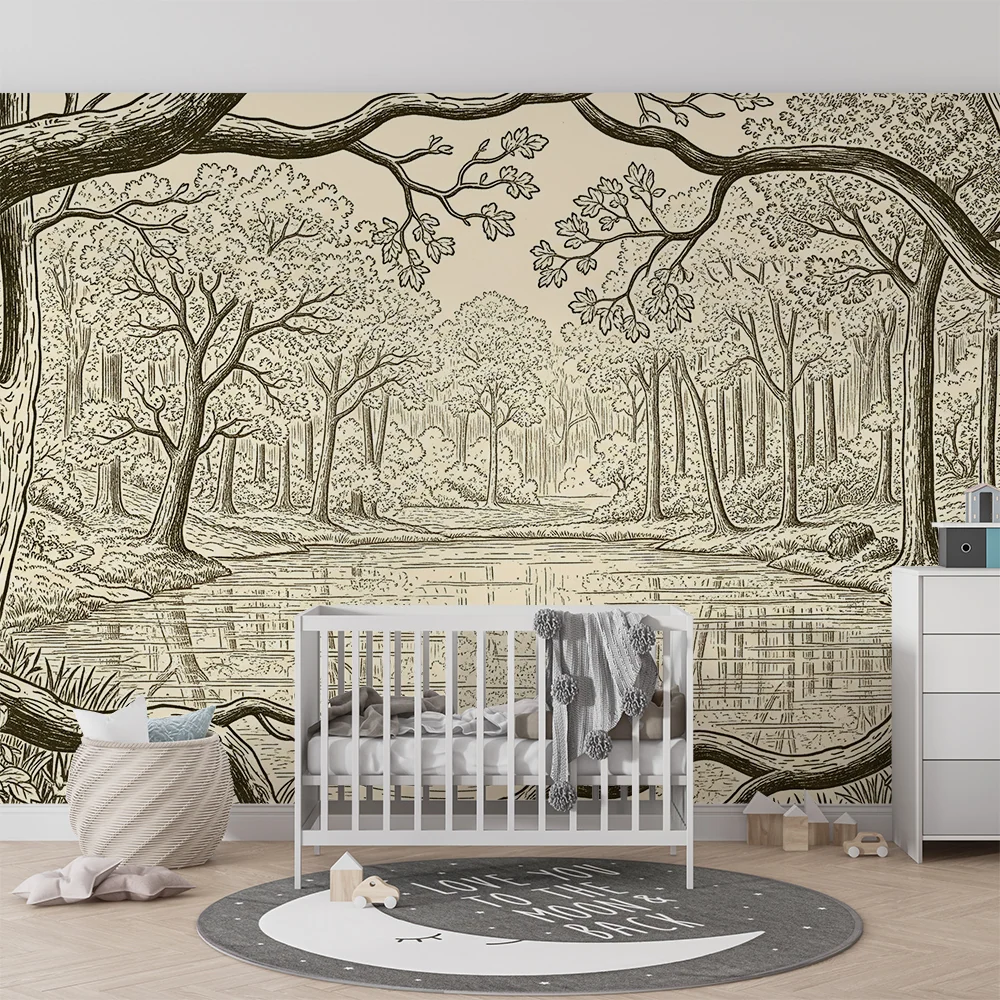 Papel de parede crianç | Pădure liniștită cu lac și arbori măreți