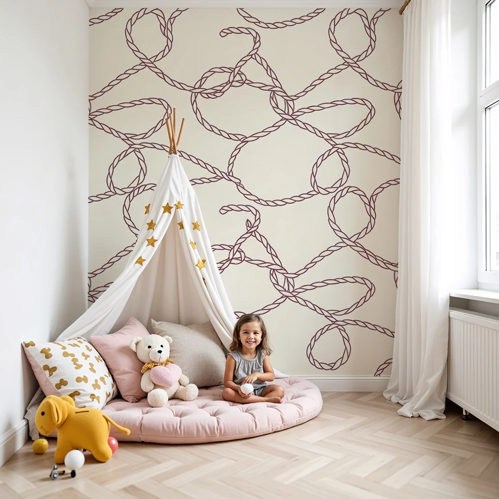 Papel de parede crianç | Picturi cu corzi împletite pe fundal crem