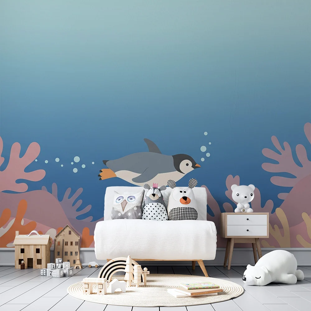 Papel de parede crianç | Pingüim nadando entre os corais coloridos