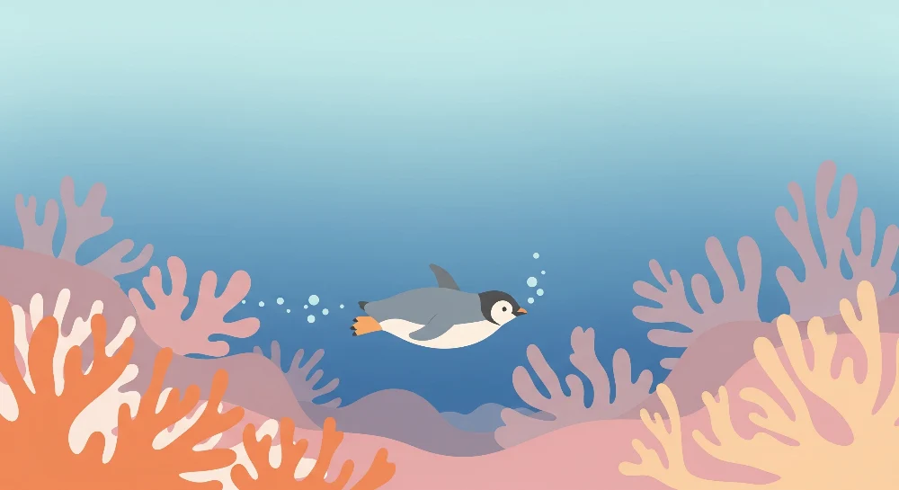 Papel de parede crianç | Pingüim nadando entre os corais coloridos