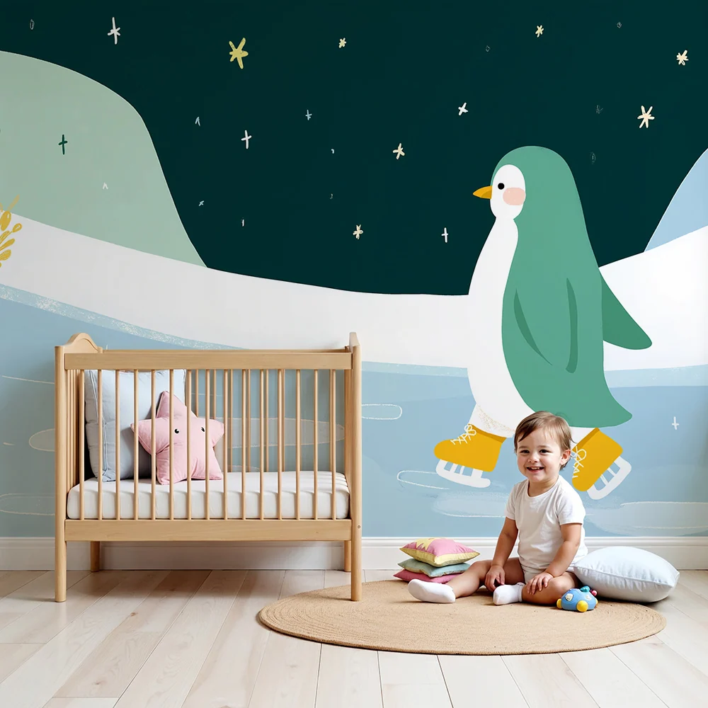 Papel de parede crianç | Pingüim patinando sob as estrelas
