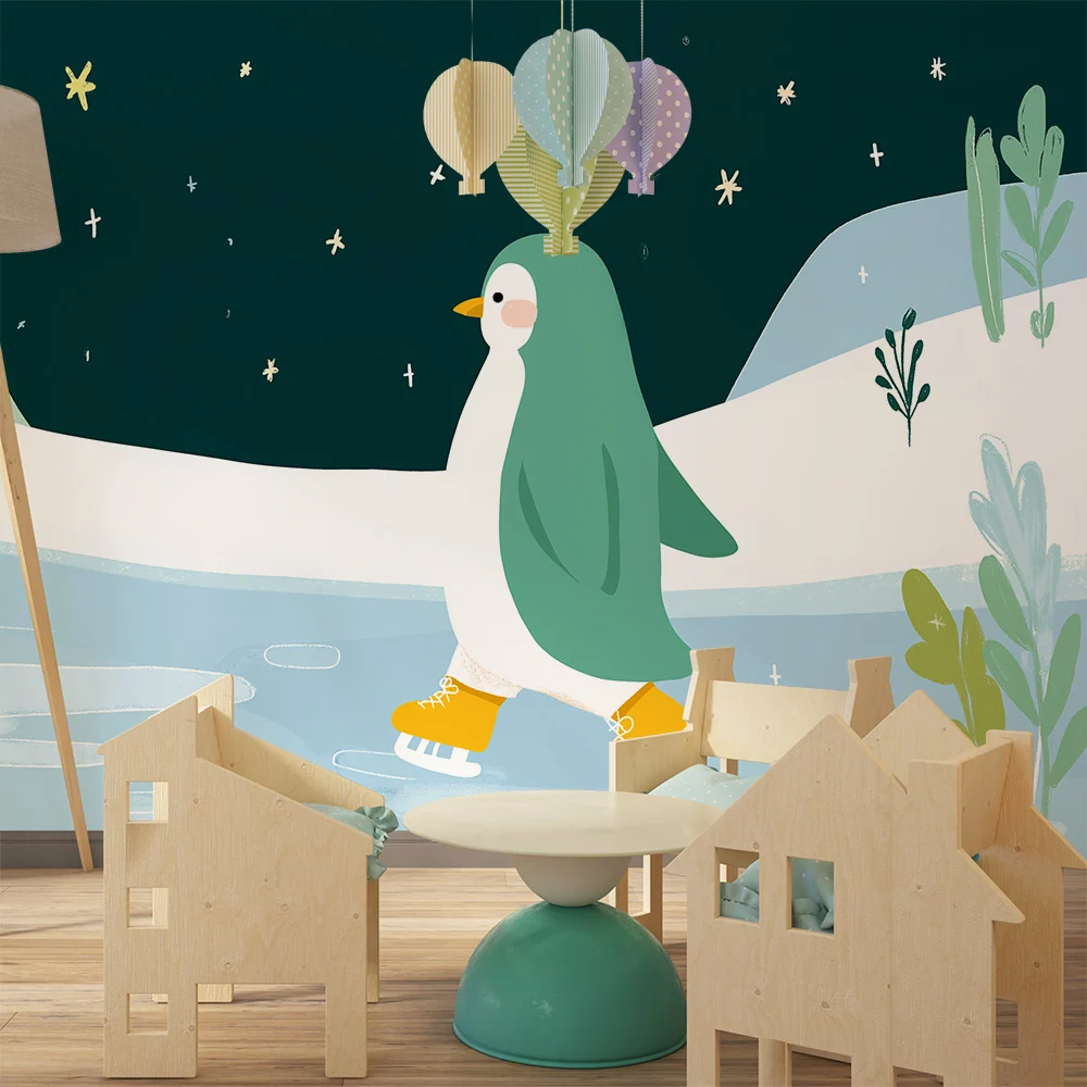 Papel de parede crianç | Pingüim patinando sob as estrelas