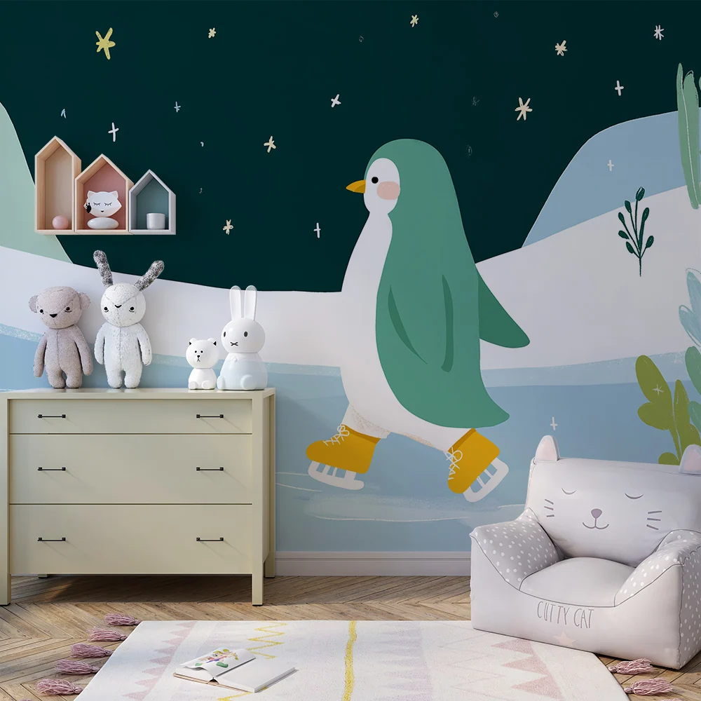 Papel de parede crianç | Pingüim patinando sob as estrelas