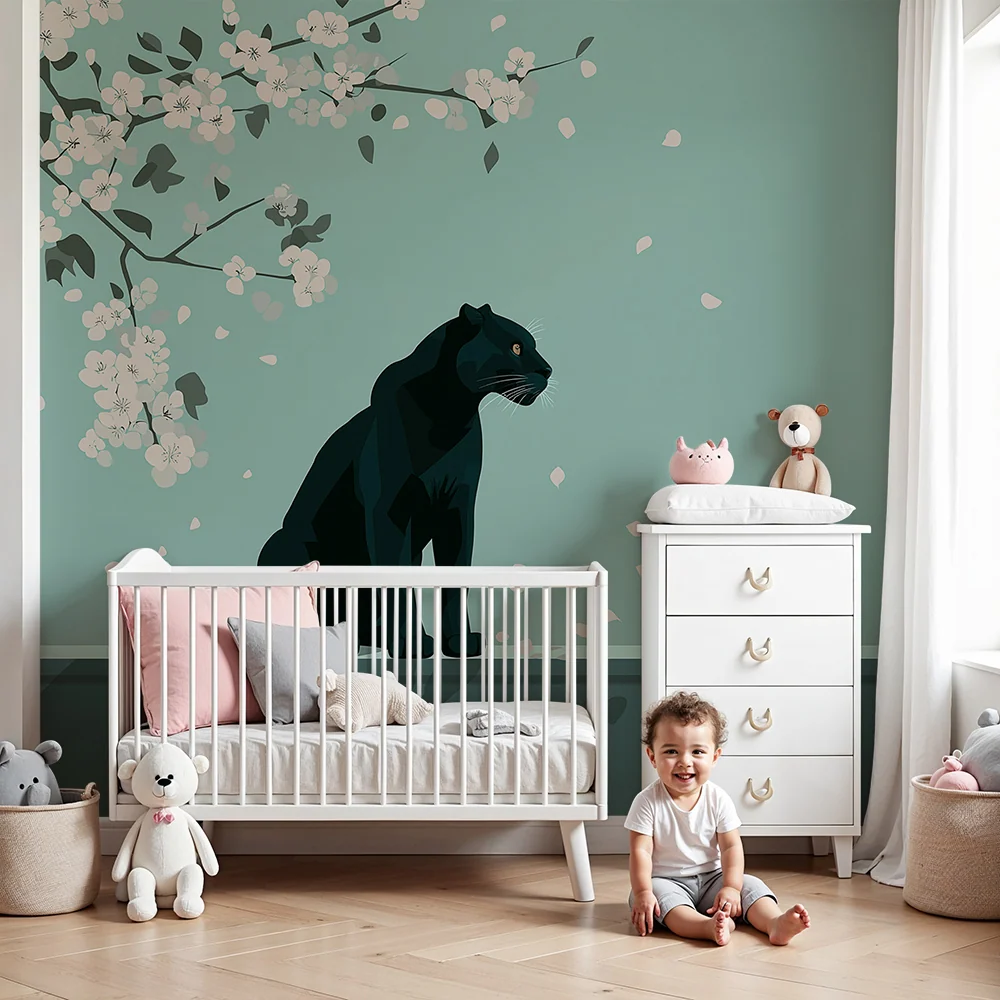 Papel de parede crianç | Pisică neagră sub flori delicate