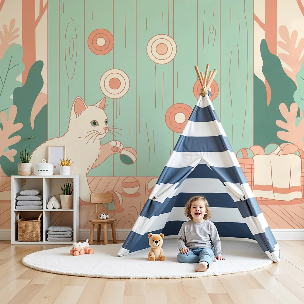 Papel de parede crianç | Pisica jucausa si bile colorate intr-un decor ludic
