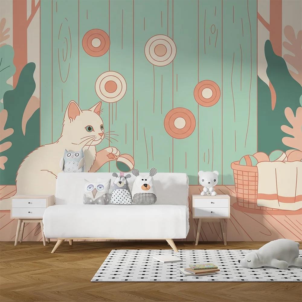 Papel de parede crianç | Pisica jucausa si bile colorate intr-un decor ludic