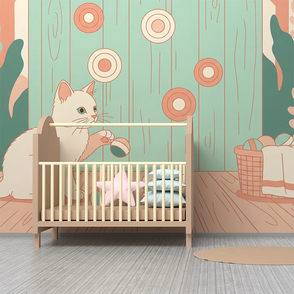 Papel de parede crianç | Pisica jucausa si bile colorate intr-un decor ludic