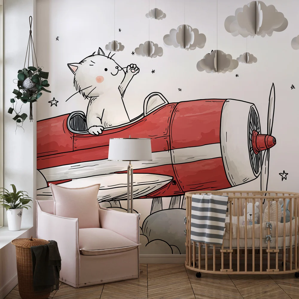 Papel de parede crianç | Pisicuță drăguță într-un avion roșu