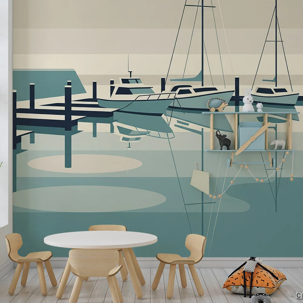 Papel de parede crianç | Port calmo com barcos e reflexos aquáticos