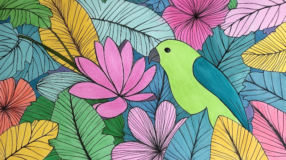 Papel de parede crianç | Păsări exotice și frunziș colorat