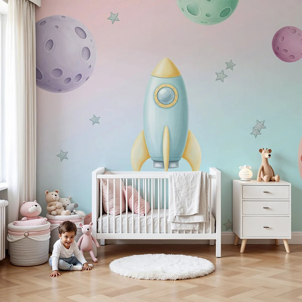 Papel de parede crianç | Racket colorat și planete ludice într-un cer înstelat