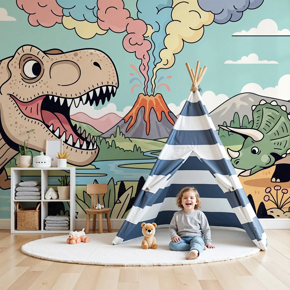 Papel de parede crianç | T Rex e vulcão multicolor