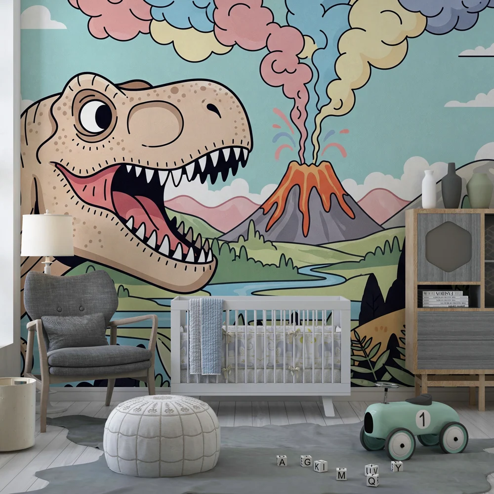 Papel de parede crianç | T Rex e vulcão multicolor