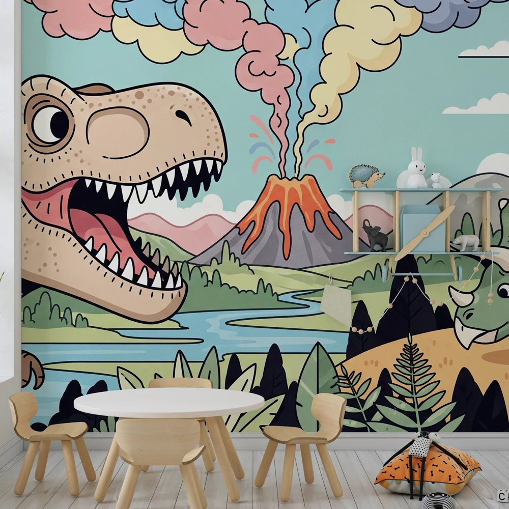 Papel de parede crianç | T Rex e vulcão multicolor