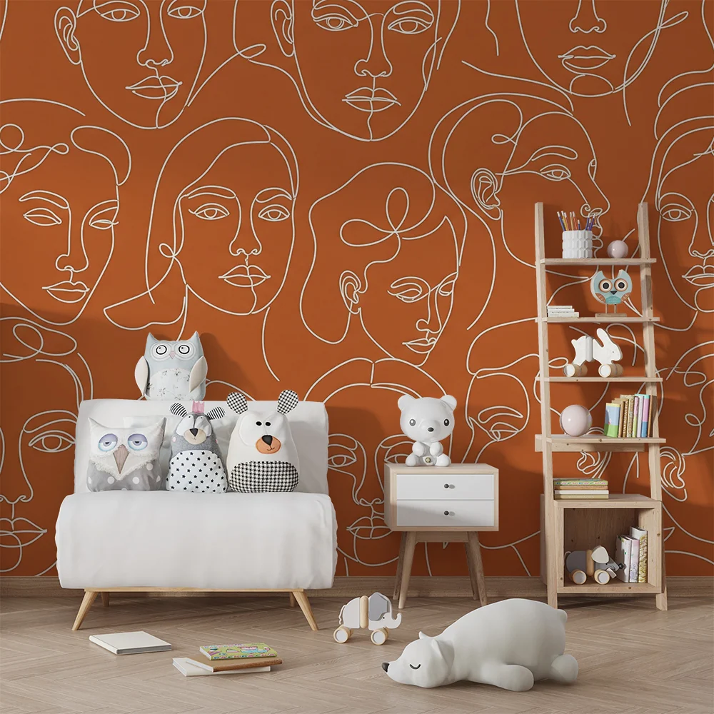 Papel de parede crianç | Rostos de linha de arte branca em fundo terracota
