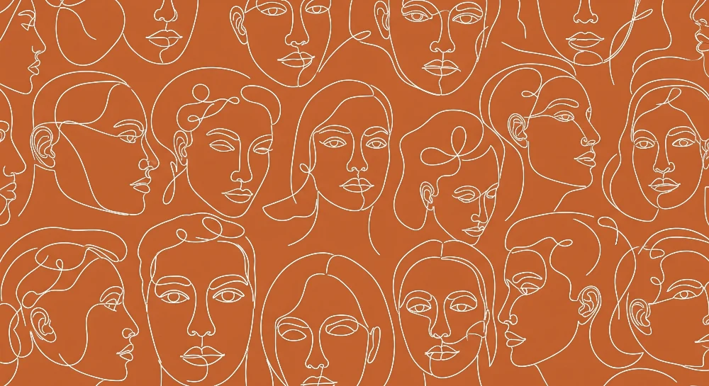Papel de parede crianç | Rostos de linha de arte branca em fundo terracota