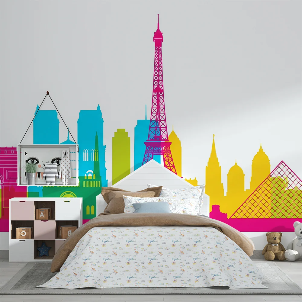 Papel de parede crianç | Siluete colorate ale monumentelor emblematice din Paris