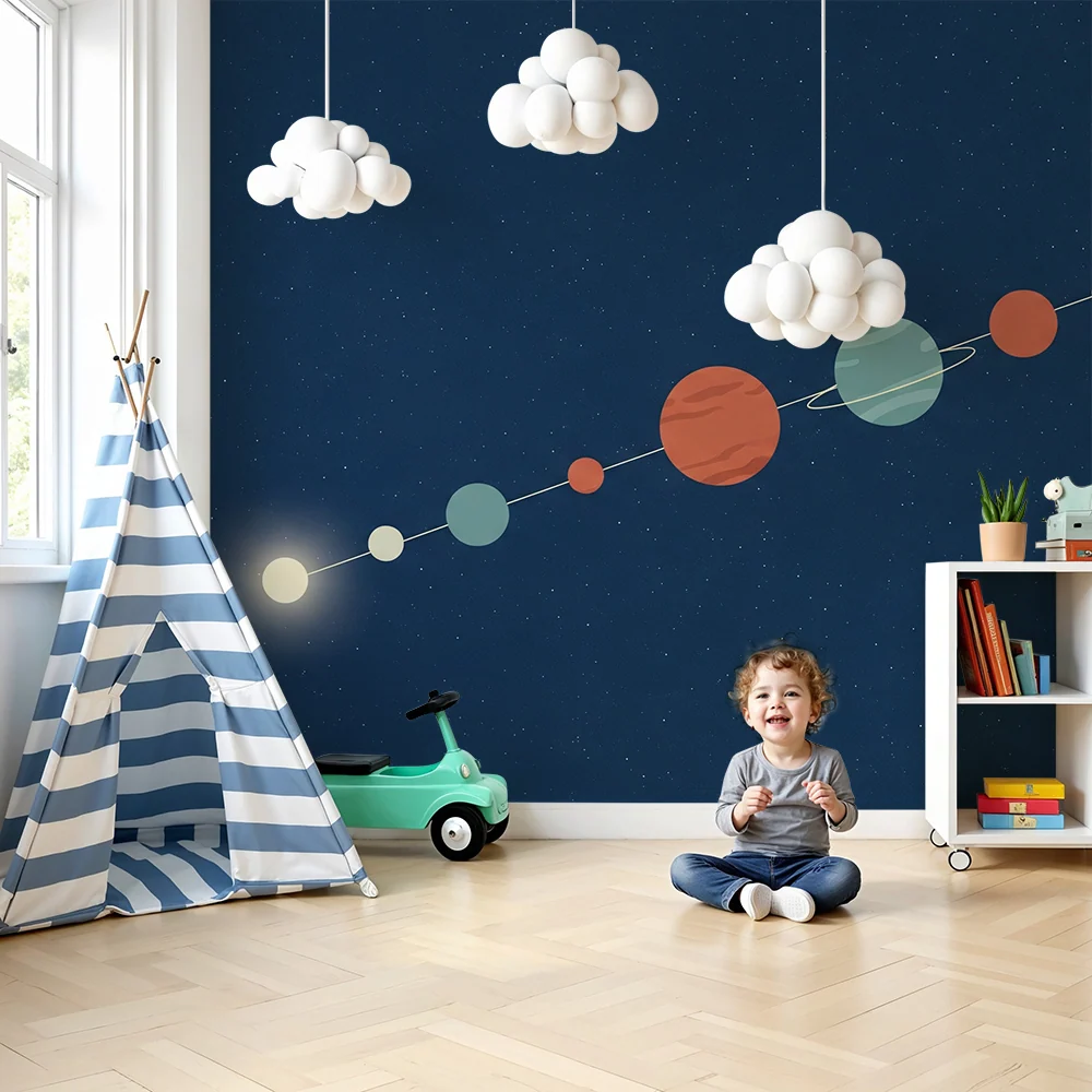 Papel de parede crianç | Sistem solar colorat cu planete stilizate
