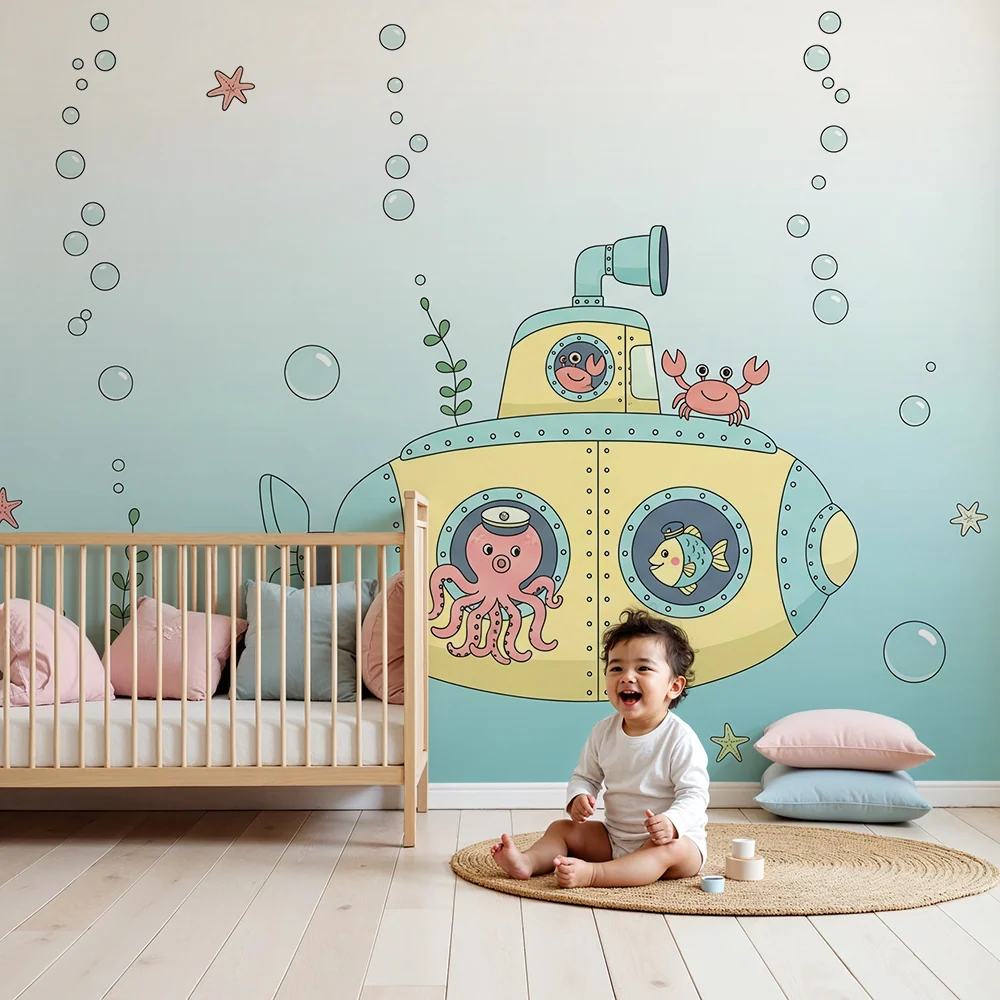 Papel de parede crianç | Submarin colorat cu animale marine amuzante