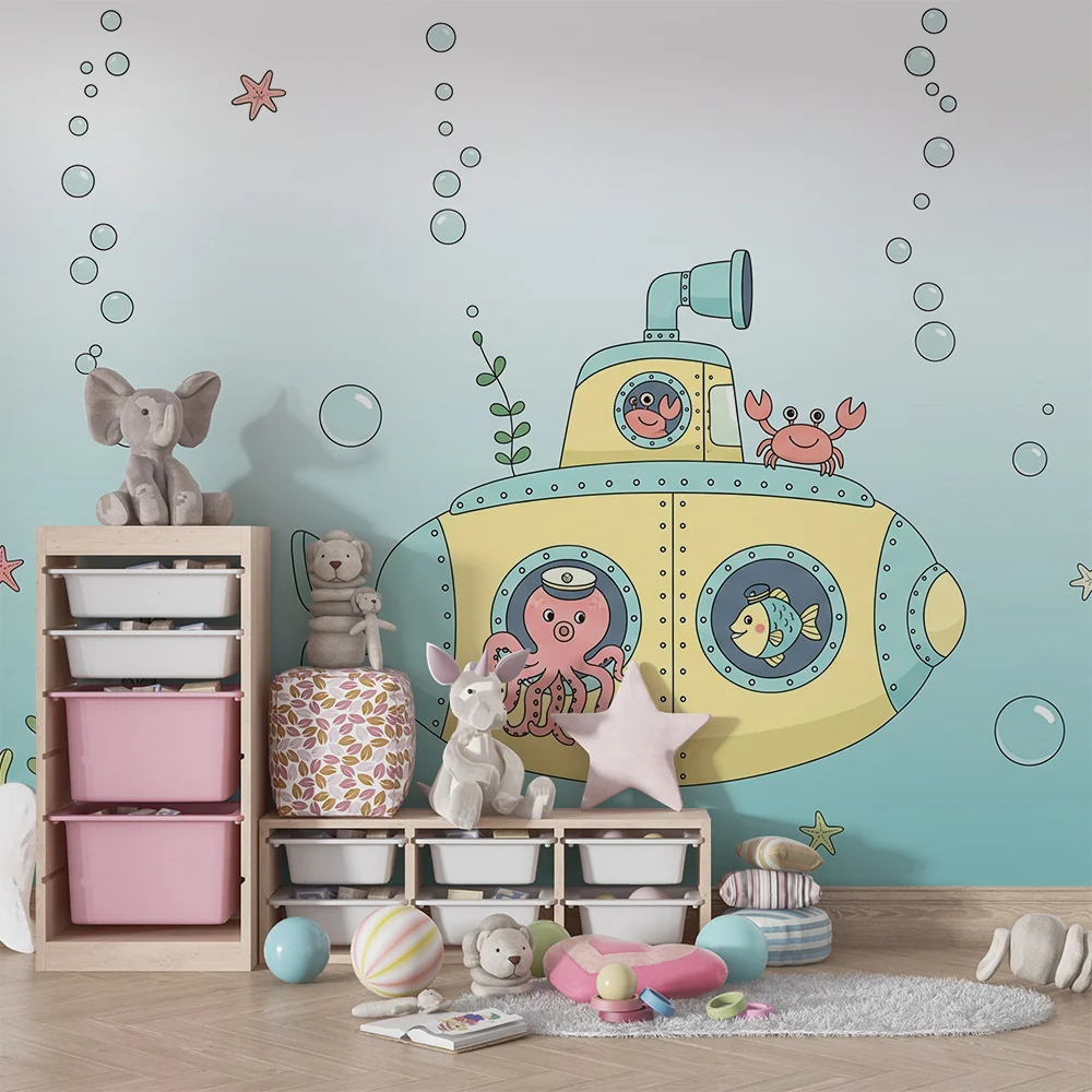 Papel de parede crianç | Submarin colorat cu animale marine amuzante