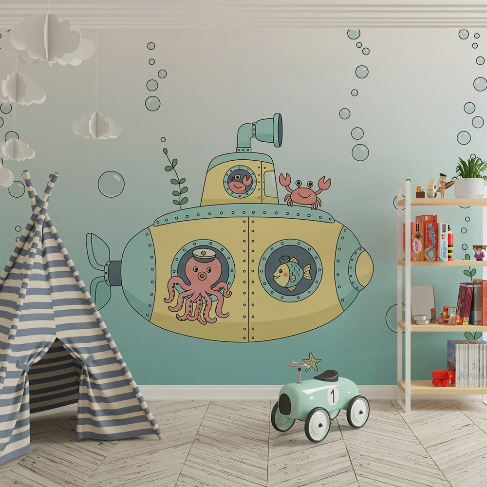 Papel de parede crianç | Submarin colorat cu animale marine amuzante