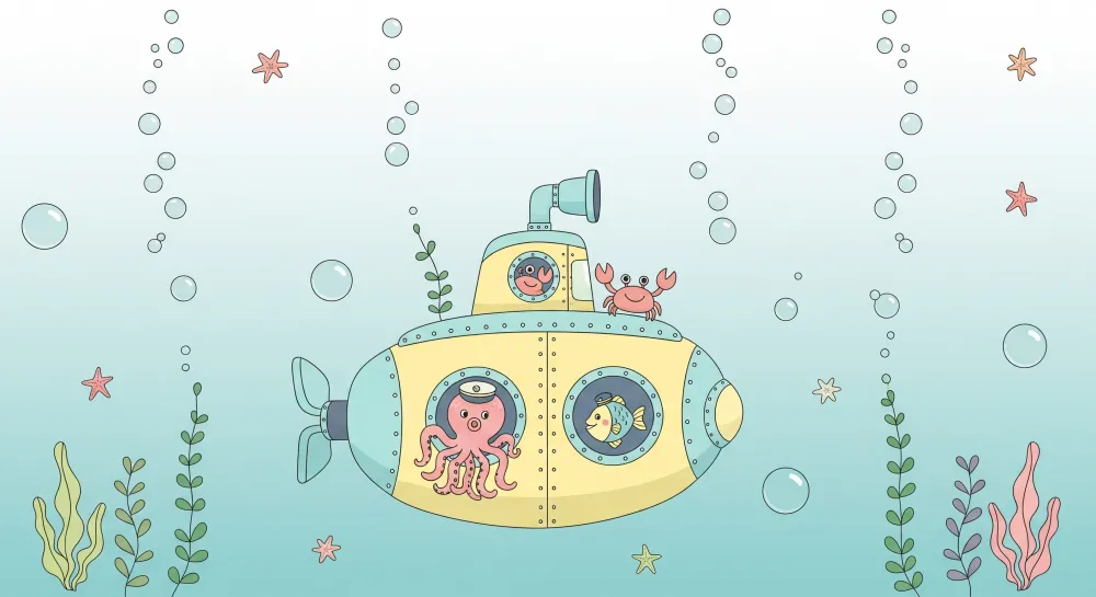 Papel de parede crianç | Submarin colorat cu animale marine amuzante