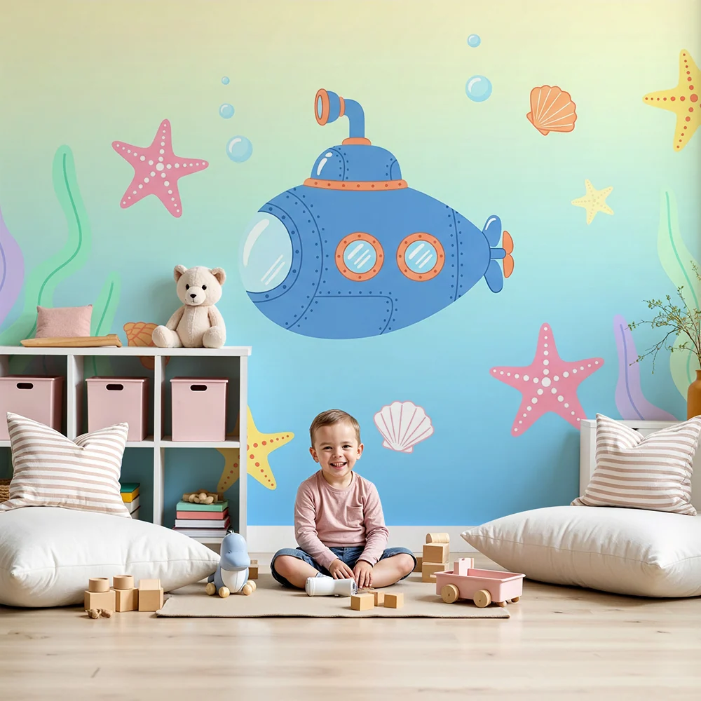 Papel de parede crianç | Submarin colorat explorând lumea subacvatică