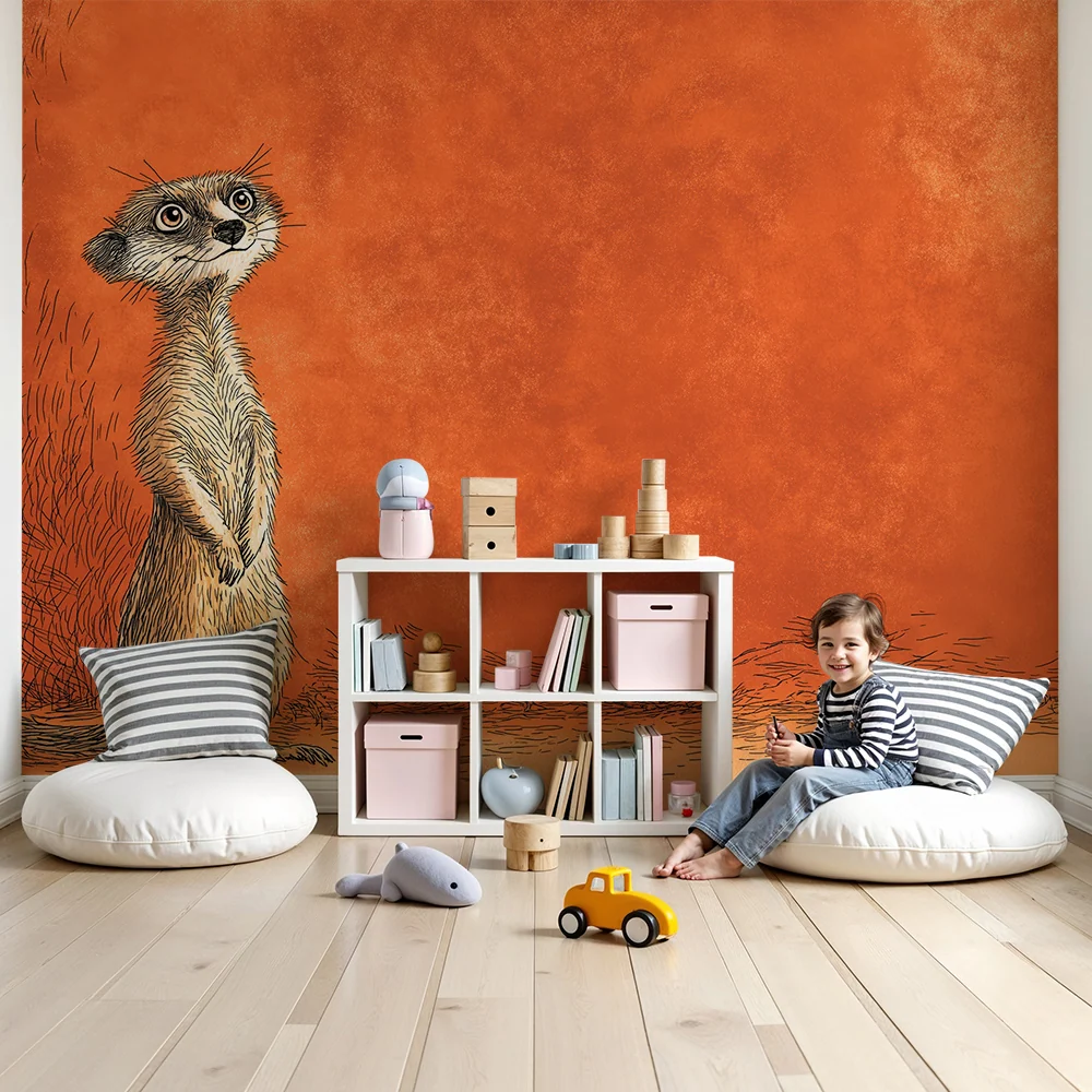 Papel de parede crianç | Suricata curiosa em fundo laranja