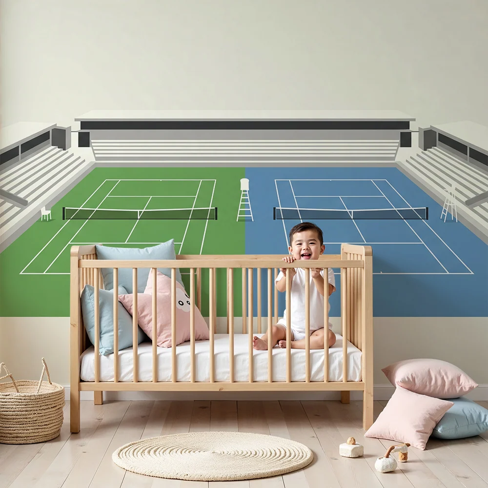 Papel de parede crianç | Teren de tenis stilizat cu tribune moderne