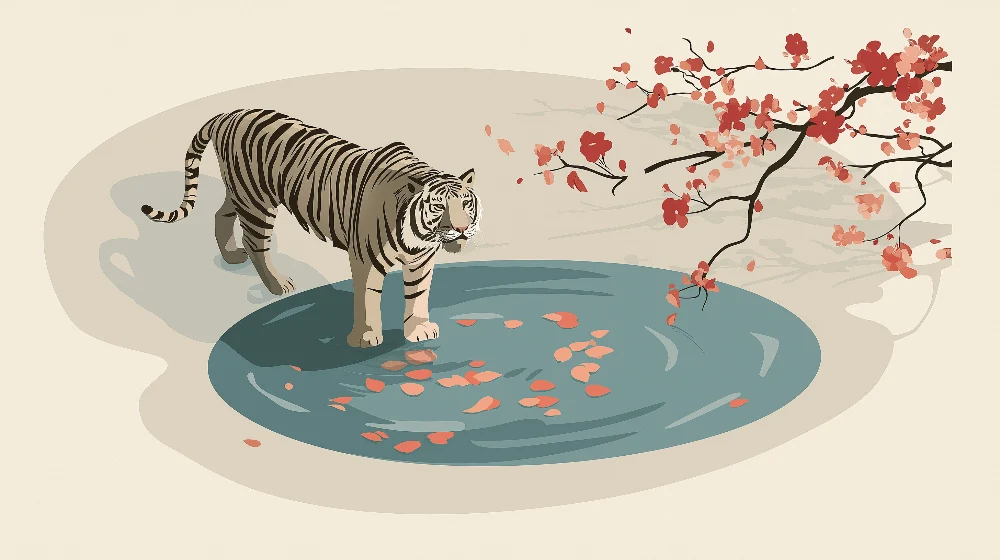 Papel de parede crianç | Tigre majestuos lângă un iaz cu flori de cireș