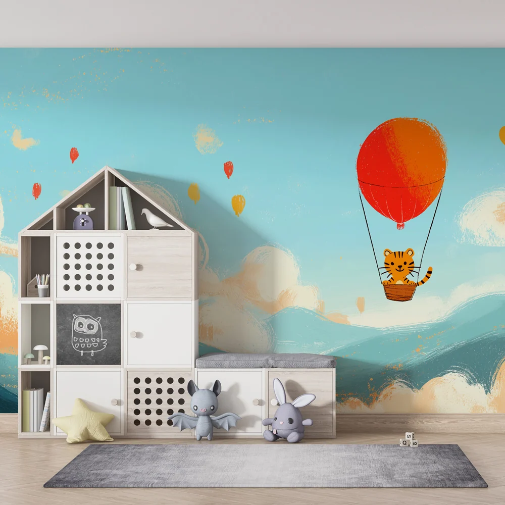 Papel de parede crianç | Tigru într-un balon cu aer cald pe un cer vibrant