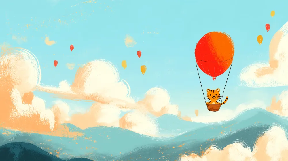 Papel de parede crianç | Tigru într-un balon cu aer cald pe un cer vibrant