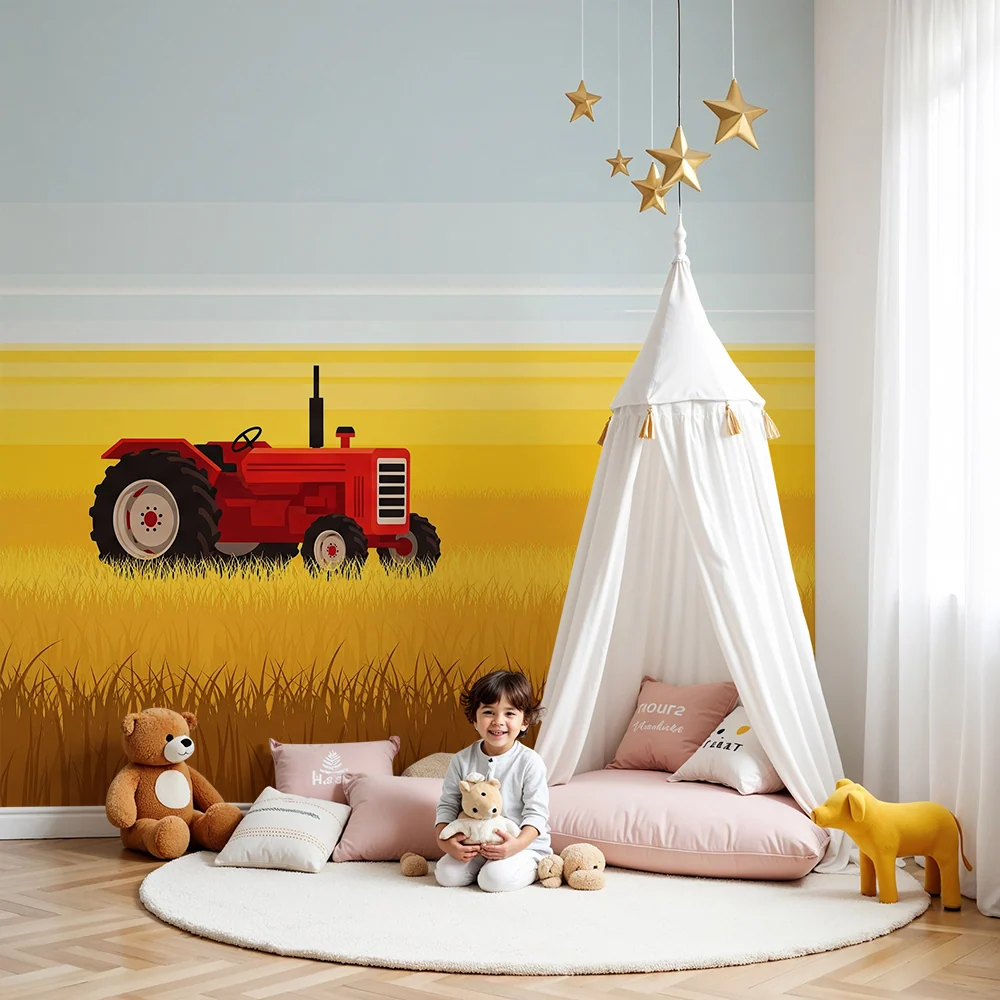 Papel de parede crianç | Tractor roșu într-un câmp aurit