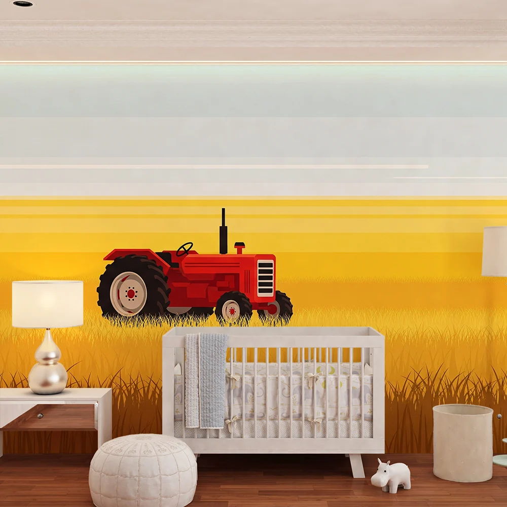 Papel de parede crianç | Tractor roșu într-un câmp aurit