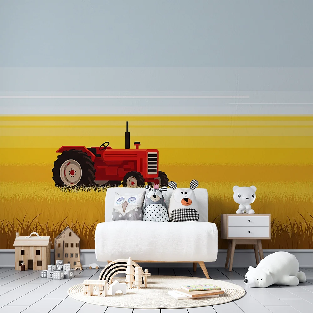 Papel de parede crianç | Tractor roșu într-un câmp aurit