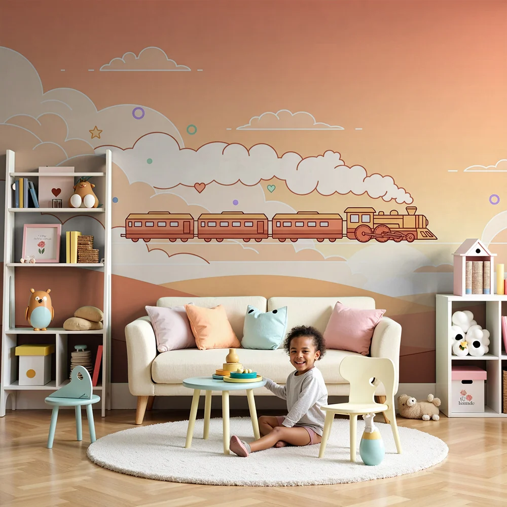 Papel de parede crianç | Tren colorat pe un cer pastel cu nori și stele