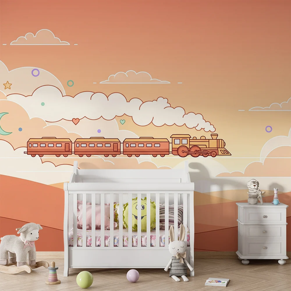 Papel de parede crianç | Tren colorat pe un cer pastel cu nori și stele
