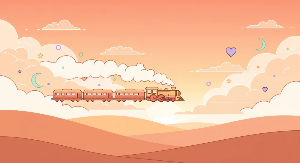 Papel de parede crianç | Tren colorat pe un cer pastel cu nori și stele